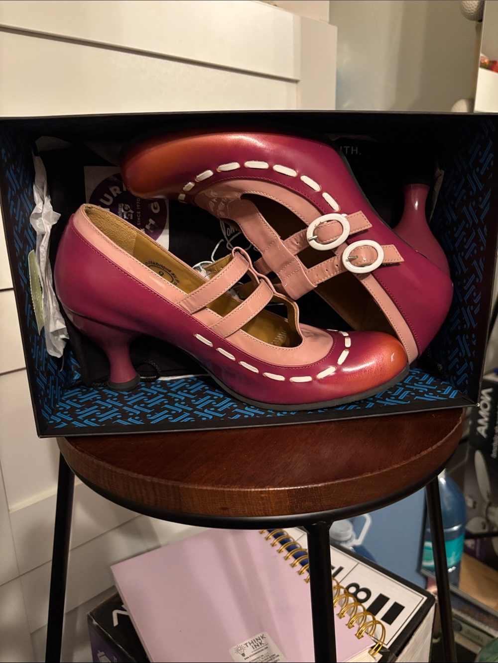 John Fluevog  Pink, orange & Magenta Mary Jane Heels